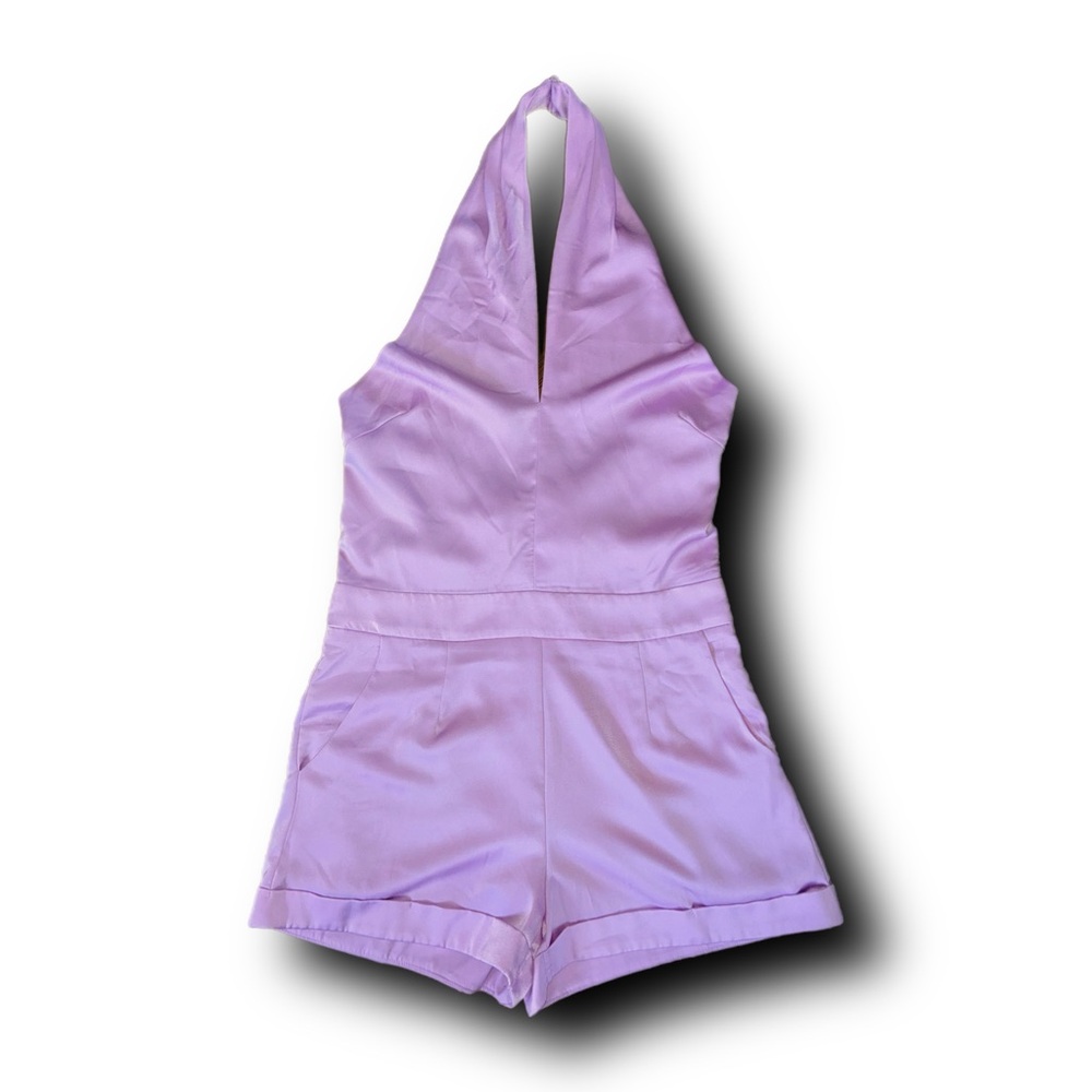 TCEC Lavender Satin-Feel Halter Neck Romper Playsuit Barbiecore Girlhoodcore
